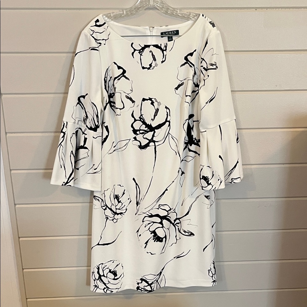 Ralph Lauren Off-White and Black Floral Three Quarter Sleeve Dress Size 16